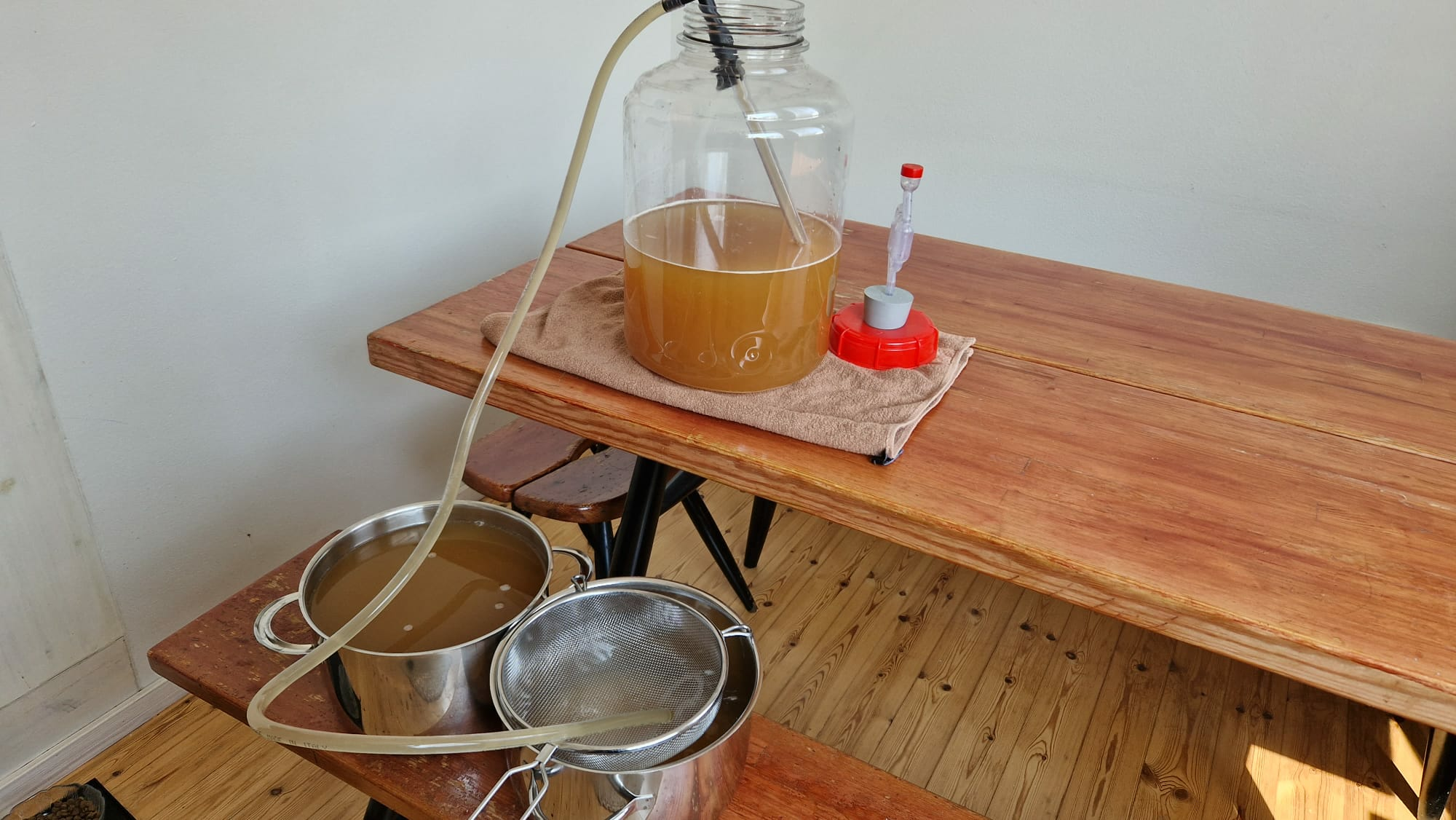 siphoning sima from brewing vat to other containers